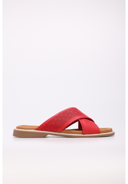 Laviovil İçi Dışı Hakiki Deri Kırmızı Çapraz Kadın Düz Terlik AH089722611306