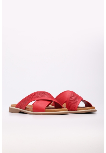 Laviovil İçi Dışı Hakiki Deri Kırmızı Çapraz Kadın Düz Terlik AH089722611306