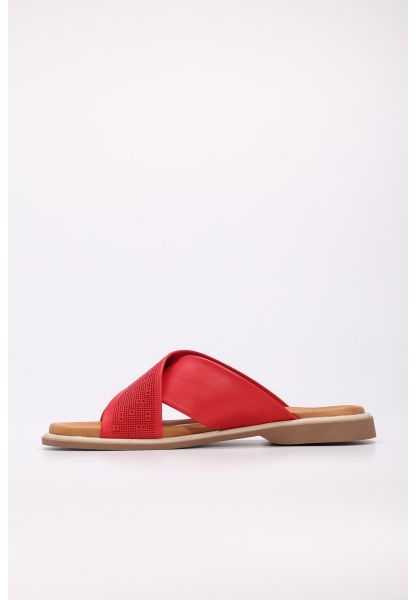 Laviovil İçi Dışı Hakiki Deri Kırmızı Çapraz Kadın Düz Terlik AH089722611306