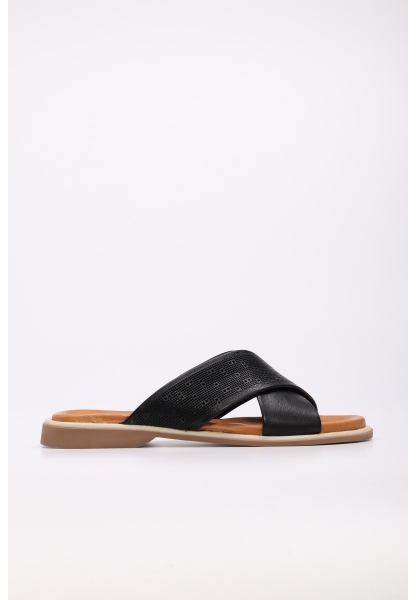 Laviovil İçi Dışı Hakiki Deri Siyah Çapraz Kadın Düz Terlik AH089722611306