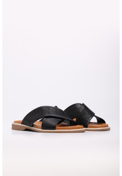 Laviovil İçi Dışı Hakiki Deri Siyah Çapraz Kadın Düz Terlik AH089722611306