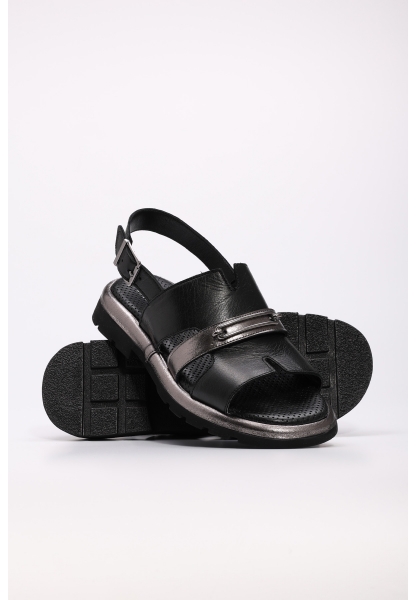 Laviovil İçi Dışı Hakiki Deri Siyah Gümüş Kadın Klasik Sandalet AH087102611098