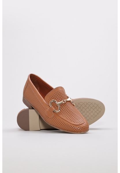 Laviovil İçi Dışı Hakiki Deri Taba Tokalı Kadın Babet Ayakkabı AH0865726160002116