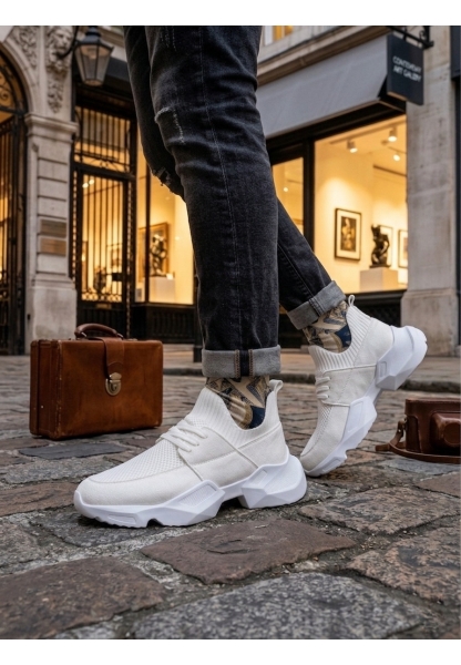 403 Yumuşak Triko Dokulu Yüksek Taban Beyaz Spor Ayakkabı 