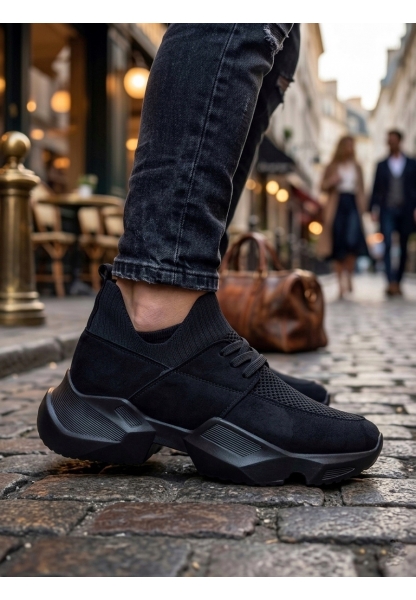 403 Yumuşak Triko Dokulu Yüksek Taban Siyah Spor Ayakkabı 