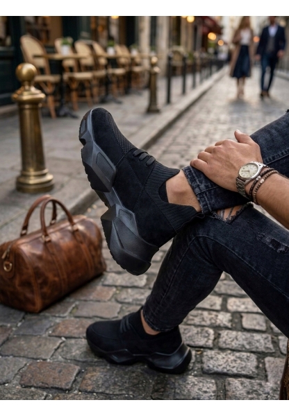 403 Yumuşak Triko Dokulu Yüksek Taban Siyah Spor Ayakkabı 