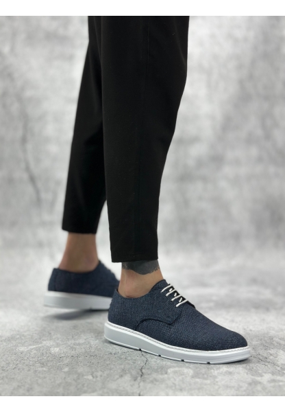 LVO0003 Bağcıklı Klasik Spor Keten Lacivert  Beyaz Taban Casual Erkek Ayakkabı
