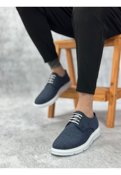 LVO0003 Bağcıklı Klasik Spor Keten Lacivert  Beyaz Taban Casual Erkek Ayakkabı