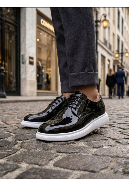 LVO0003 Siyah Bağcıklı Rugan Beyaz Taban Erkek Klasik Ayakkabı