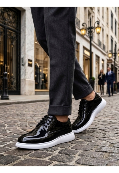 LVO0003 Siyah Bağcıklı Rugan Beyaz Taban Erkek Klasik Ayakkabı