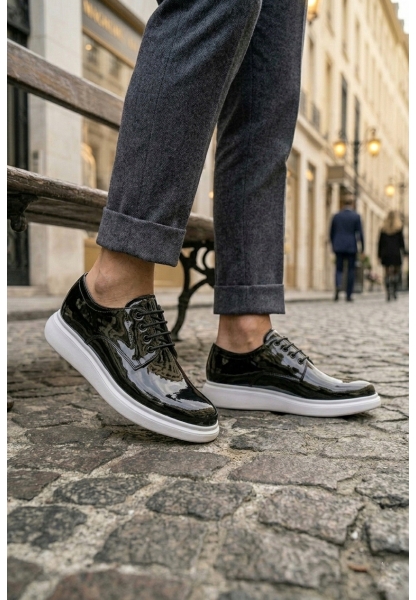LVO0003 Siyah Bağcıklı Rugan Beyaz Taban Erkek Klasik Ayakkabı