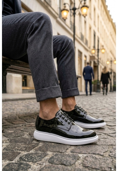 LVO0003 Siyah Bağcıklı Rugan Beyaz Taban Erkek Klasik Ayakkabı