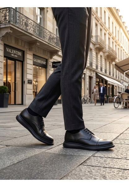 LVO0003 Siyah Kapaklı Burun Bağcıklı Erkek Oxford Ayakkabı