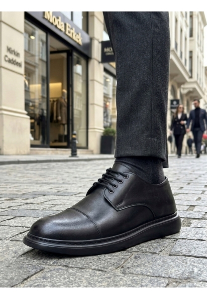 LVO0003 Siyah Kapaklı Burun Bağcıklı Erkek Oxford Ayakkabı