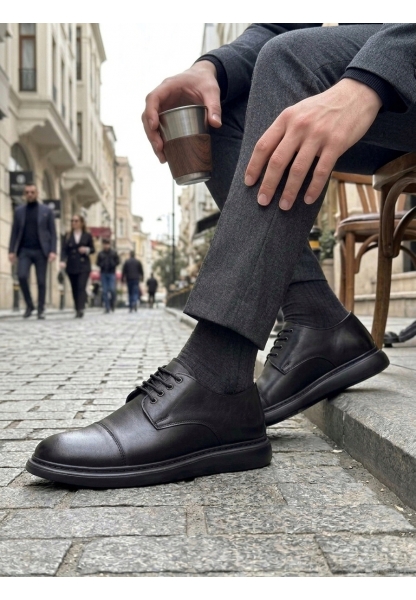 LVO0003 Siyah Kapaklı Burun Bağcıklı Erkek Oxford Ayakkabı