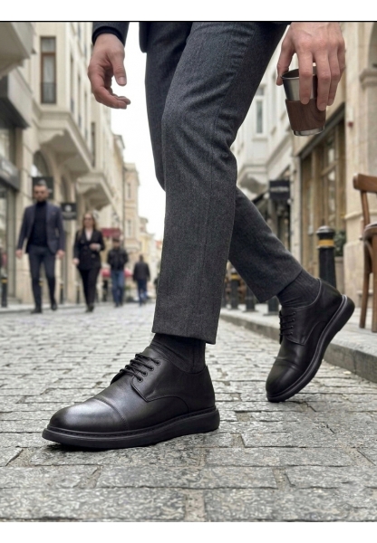LVO0003 Siyah Kapaklı Burun Bağcıklı Erkek Oxford Ayakkabı