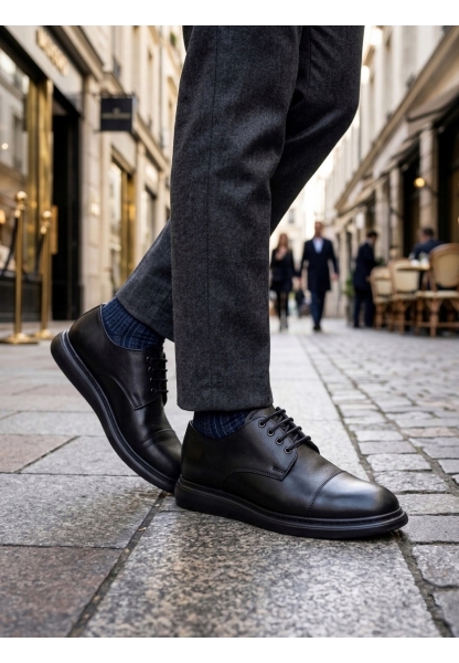 LVO0003 Siyah Kapaklı Burun Bağcıklı Erkek Oxford Ayakkabı