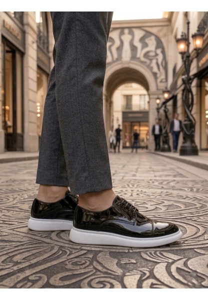 LVO0003 Siyah Kapaklı Burun Bağcıklı Rugan Beyaz Taban Erkek Oxford Ayakkabı