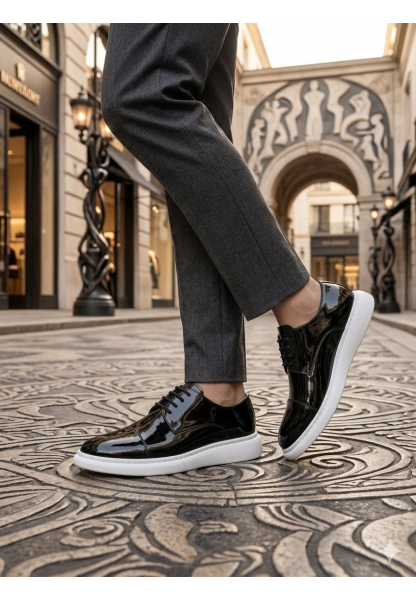 LVO0003 Siyah Kapaklı Burun Bağcıklı Rugan Beyaz Taban Erkek Oxford Ayakkabı