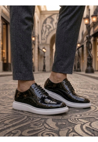 LVO0003 Siyah Kapaklı Burun Bağcıklı Rugan Beyaz Taban Erkek Oxford Ayakkabı