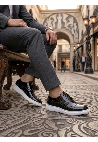 LVO0003 Siyah Kapaklı Burun Bağcıklı Rugan Beyaz Taban Erkek Oxford Ayakkabı