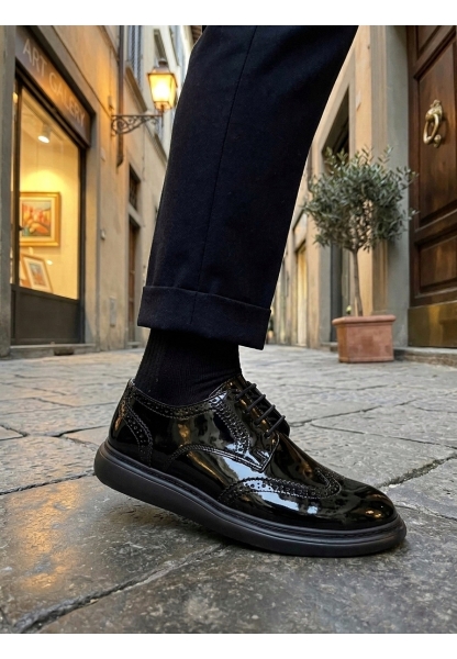 LVO0003 Yeni Sezon Siyah Rugan Lüks Brouge Klasik Ayakkabı