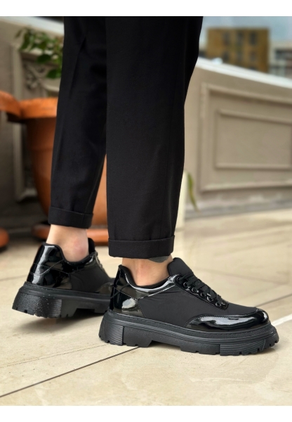 LVO0243 Bağcıklı Rugan Paraşüt Detaylı Yüksek Siyah Taban Erkek Ayakkabı