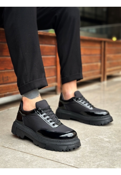 LVO0243 Bağcıklı Rugan Paraşüt Detaylı Yüksek Siyah Taban Erkek Ayakkabı