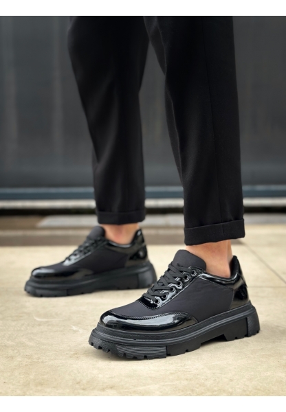 LVO0243 Bağcıklı Rugan Paraşüt Detaylı Yüksek Siyah Taban Erkek Ayakkabı