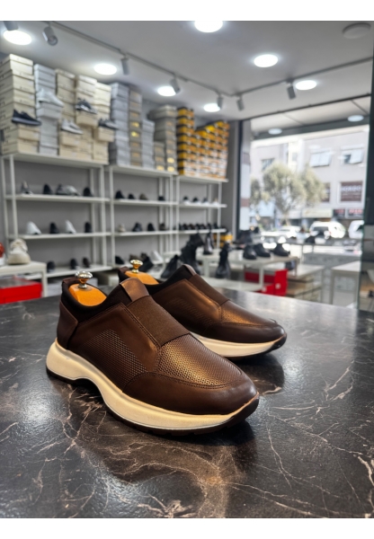 LVO0244 İçi Dışı Hakiki Deri Bantlı Rahat Taban Casual Kahverengi Erkek Ayakkabı