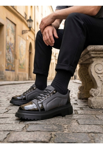 LVO0245 Gri Rugan Paraşüt Detaylı Akıllı Lastik Bağcık Yüksek Taban Günlük Erkek Ayakkabı