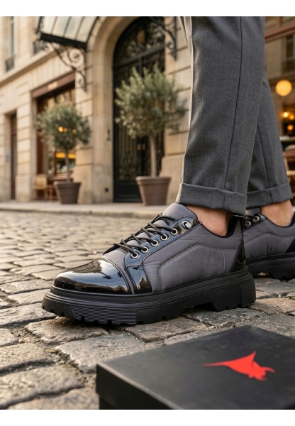 LVO0245 Gri Rugan Paraşüt Detaylı Akıllı Lastik Bağcık Yüksek Taban Günlük Erkek Ayakkabı