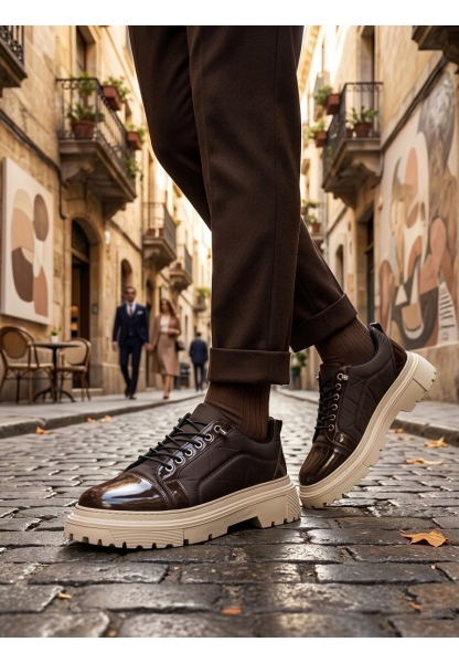 LVO0245 Kahverengi Rugan Paraşüt Detaylı Akıllı Lastik Bağcık Yüksek Bej Taban Günlük Erkek Ayakkabı