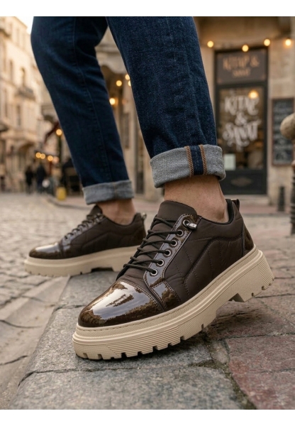 LVO0245 Kahverengi Rugan Paraşüt Detaylı Akıllı Lastik Bağcık Yüksek Bej Taban Günlük Erkek Ayakkabı