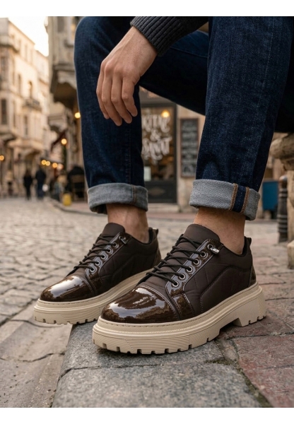 LVO0245 Kahverengi Rugan Paraşüt Detaylı Akıllı Lastik Bağcık Yüksek Bej Taban Günlük Erkek Ayakkabı