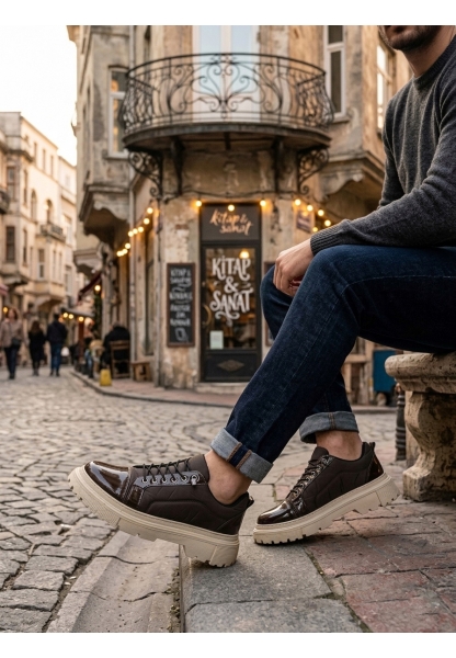 LVO0245 Kahverengi Rugan Paraşüt Detaylı Akıllı Lastik Bağcık Yüksek Bej Taban Günlük Erkek Ayakkabı