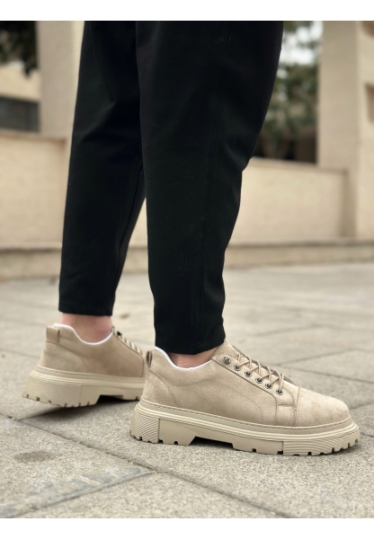 LVO0245 Krem Süet Akıllı Lastik Bağcık Yüksek Taban Günlük Erkek Ayakkabı