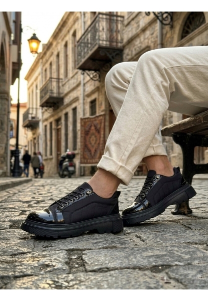 LVO0245 Siyah Rugan Paraşüt Detaylı Akıllı Lastik Bağcık Yüksek Taban Günlük Erkek Ayakkabı