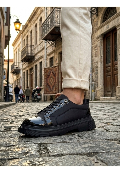 LVO0245 Siyah Rugan Paraşüt Detaylı Akıllı Lastik Bağcık Yüksek Taban Günlük Erkek Ayakkabı