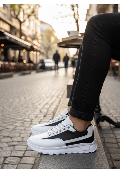 LVO0246 Beyaz Siyah Parçalı Bağcıklı Yüksek Taban Günlük Erkek Ayakkabı
