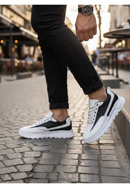 LVO0246 Beyaz Siyah Parçalı Bağcıklı Yüksek Taban Günlük Erkek Ayakkabı