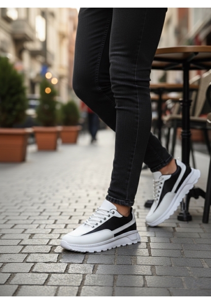 LVO0246 Beyaz Siyah Parçalı Bağcıklı Yüksek Taban Günlük Erkek Ayakkabı