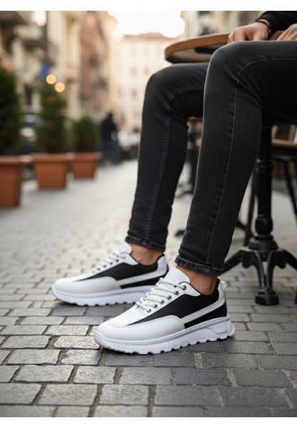 LVO0246 Beyaz Siyah Parçalı Bağcıklı Yüksek Taban Günlük Erkek Ayakkabı