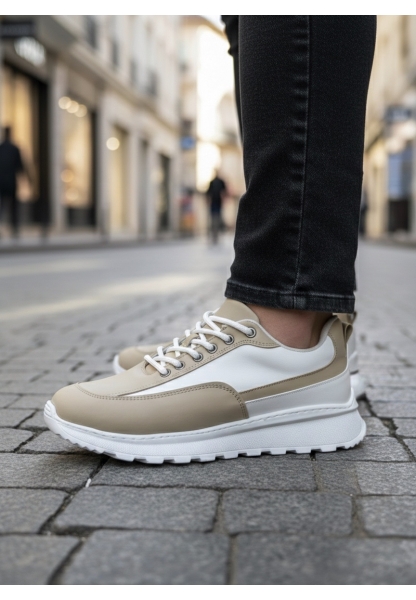 LVO0246 Krem Bağcıklı Yüksek Beyaz Taban Günlük Erkek Ayakkabı