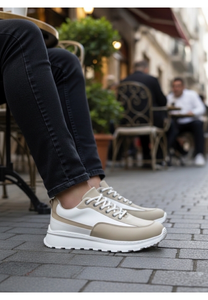 LVO0246 Krem Bağcıklı Yüksek Beyaz Taban Günlük Erkek Ayakkabı