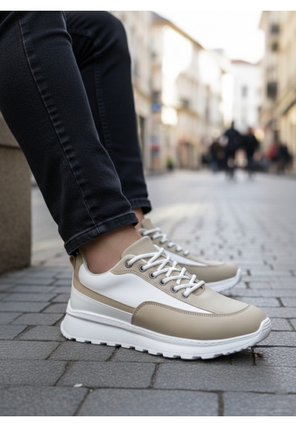 LVO0246 Krem Bağcıklı Yüksek Beyaz Taban Günlük Erkek Ayakkabı