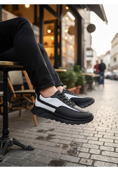 LVO0246 Siyah Beyaz Parçalı Bağcıklı Yüksek Taban Günlük Erkek Ayakkabı
