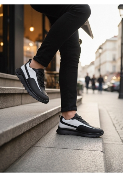 LVO0246 Siyah Beyaz Parçalı Bağcıklı Yüksek Taban Günlük Erkek Ayakkabı
