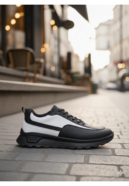LVO0246 Siyah Beyaz Parçalı Bağcıklı Yüksek Taban Günlük Erkek Ayakkabı