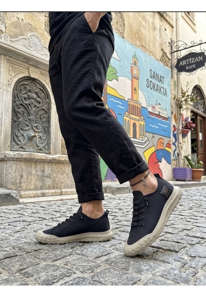 LVO0248 LVO Siyah Bej Taban Esnek Bağcıklı Ultra Hafif Nefes Alan Sneaker Ayakkabı